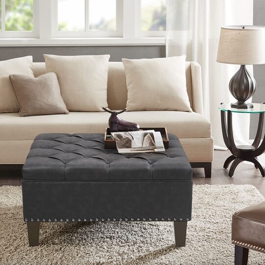 Madison Park Lindsey Tufted Square Cocktail Ottoman with Charcoal MP101-1137